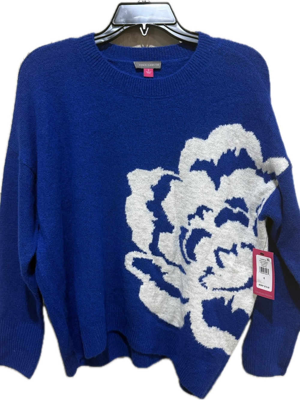 Vince Camuto Cobalt Blue Crewneck Sweater with White Floral Intarsia